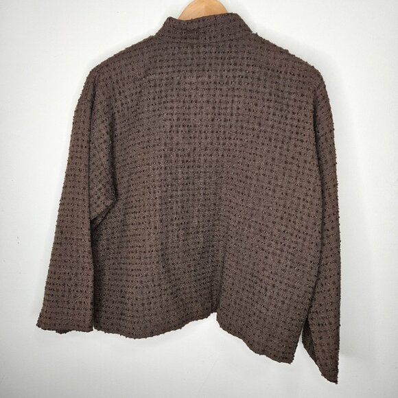 Eskandar Linen Mandarin Collar Textured Shirt Jacket Button Front Brown - Picture 7 of 12